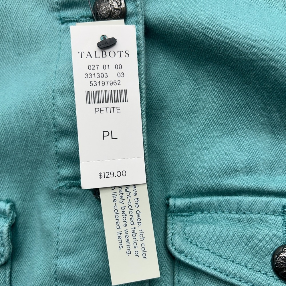 Talbots Band Collar Front Button Pockets Jean Jacket Teal Size Large Petite - Picture 3 of 8
